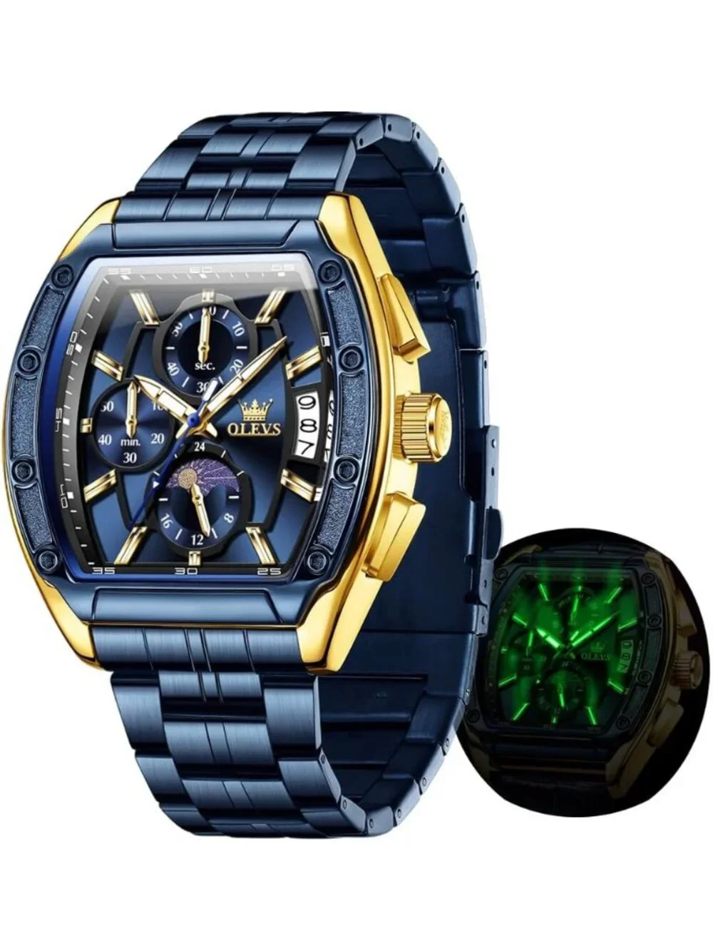 Men's Blue Chronograph Rectangle Stainless Steel Luminous Quartz Classic Watch